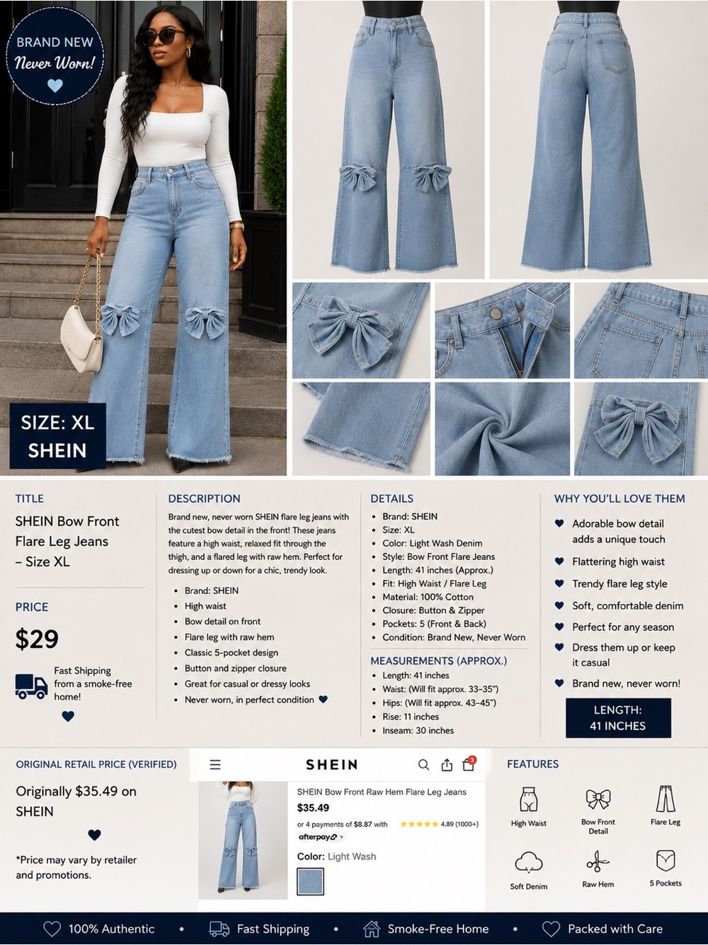 SHEIN Light Wash Wide-Leg Jeans with Knee Bows